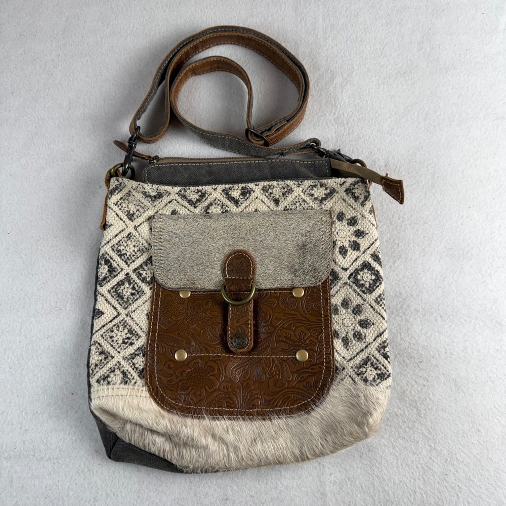 Myra Bag‎ Canvas Leather Hair-on-Hide Crossbody Bag Geometric Boho S-1206